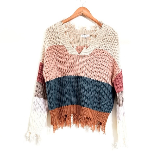 On The Road Multicolor Striped‎ Distressed Chunky Knit Sweater S/M Long Sleeves - Picture 1 of 8